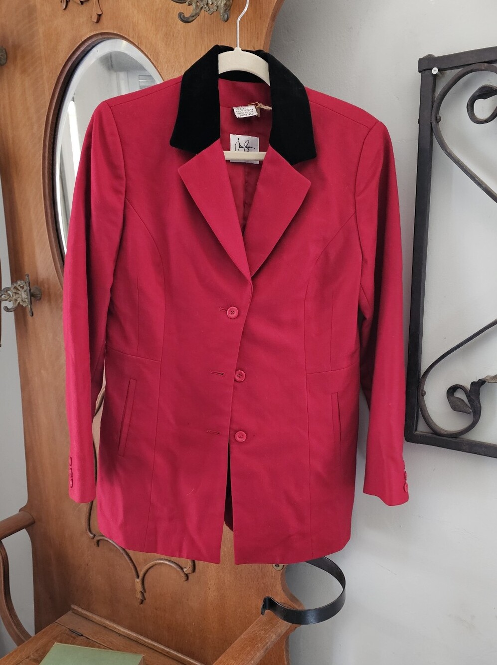 Vintage Y2K Jane Seymour Red Cotton Blazer Black Velvet Collar Size 12